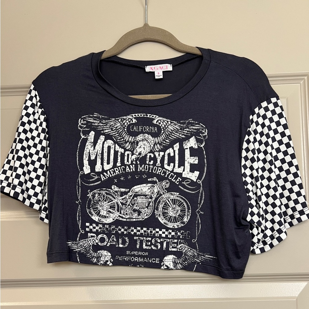 Motorcycle Graphic Crop Top - Small - Checkered Sleeves - Short Sleeves